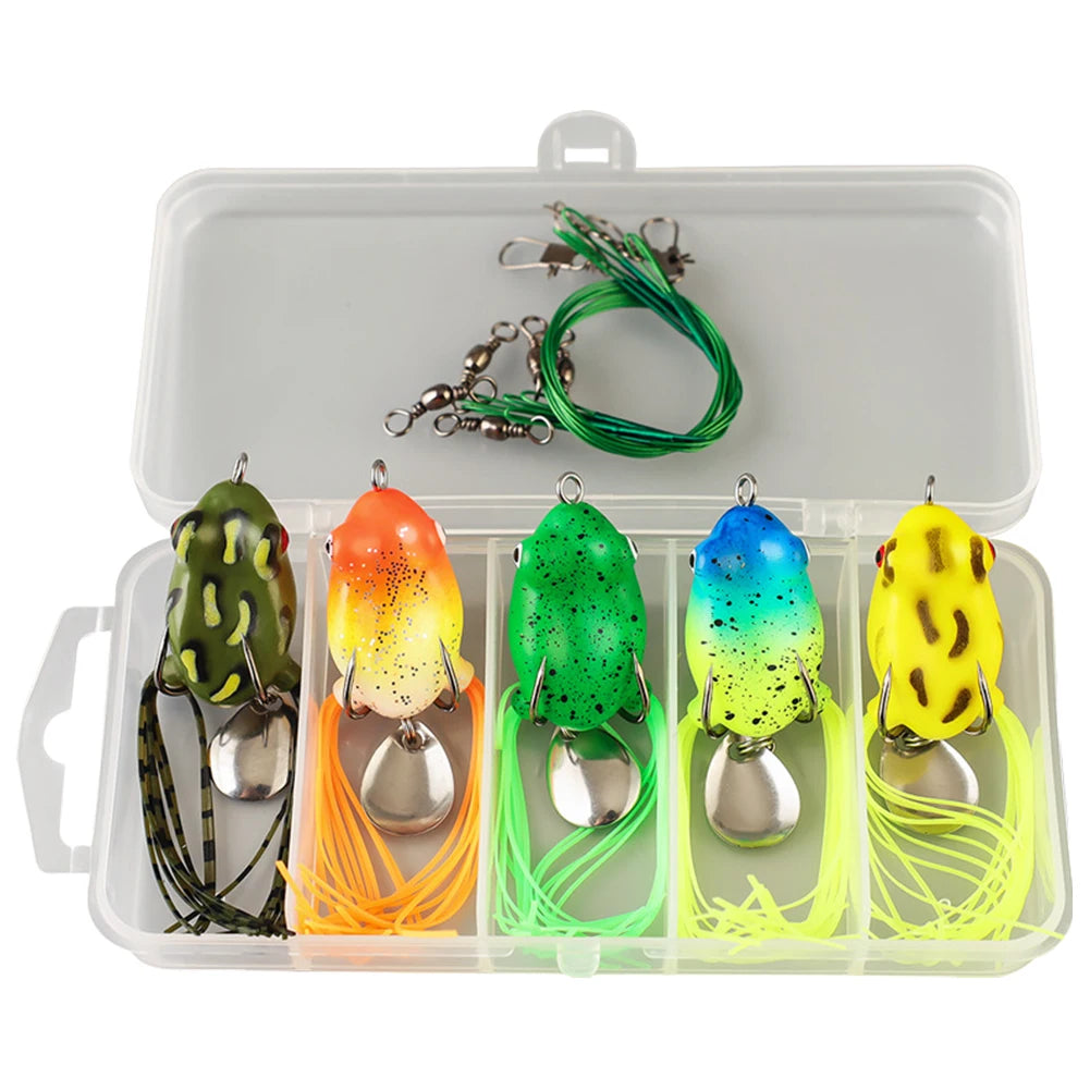 5Pcs Frog Soft Fishing Lures with Double Hooks Soft Ray Frog Swimbait Frog Spoon Fishing Baits for Bass Fishing