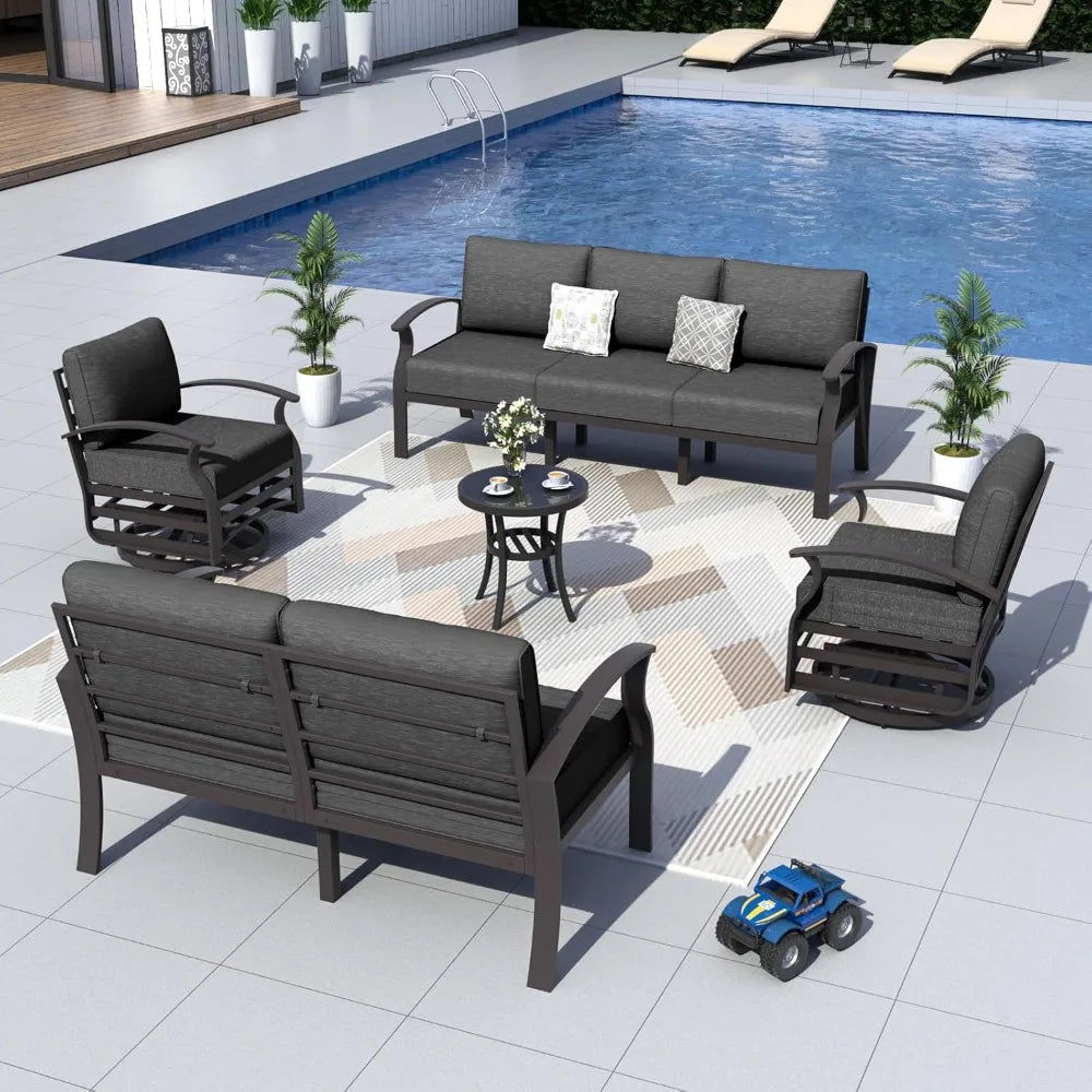 Aluminum Patio Furniture Set with 2 Swivel Chairs 7-seat Metal Outdoor Furniture Patio Sectional Sofas Patio Conversation Set w
