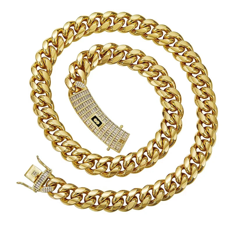 6-14mm Gold Color Stainless Steel Cuban Miami Chains Necklaces CZ Zircon Box Lock Link Chain for Unisex Hip Hop Rapper Jewelry