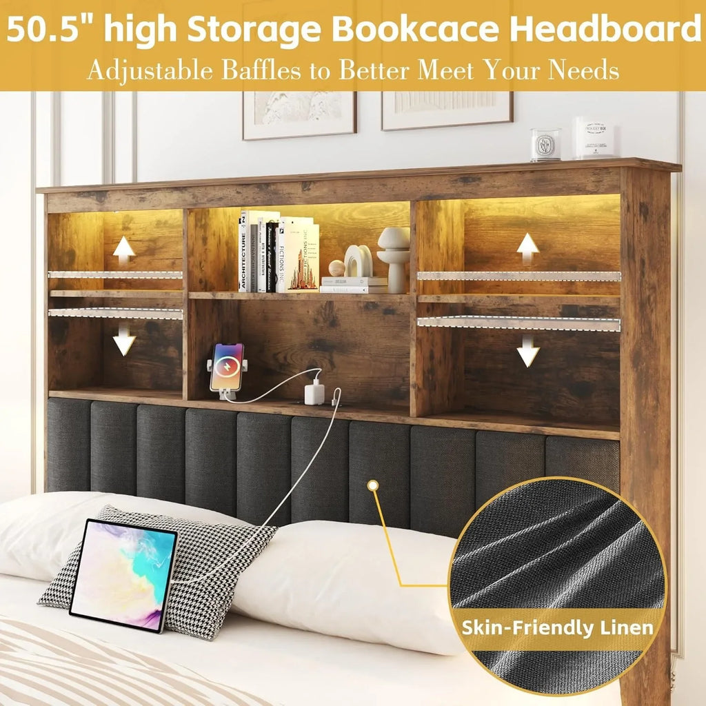 Large bed frame with headboard, high storage bookshelf headboard, 4 storage drawers, charging station and LED, vintage brown