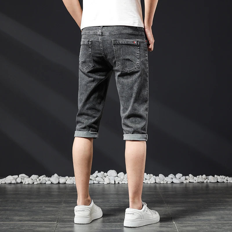 Mens Short Jeans Summer New Bermuda Casual Stretch Blue Knee Length Cropped Pants Slim Male Denim Shorts
