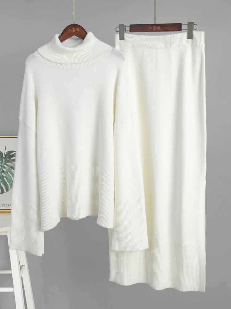 Knitted Sweater Set for Women Fashion 2025 Autumn and Winter New Arrival Elegant Loose Solid Color Sweater Open Front Skirt Set