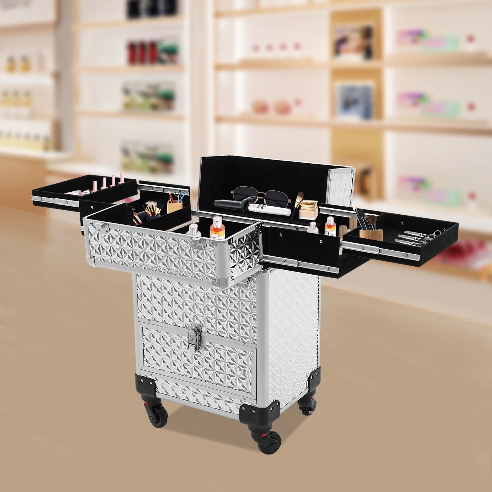 Makeup Rolling Train Case, Cosmetic Travel Trolley Storage Sliding Drawer Hairstylist Organizer Box Salon Barber Case Silver