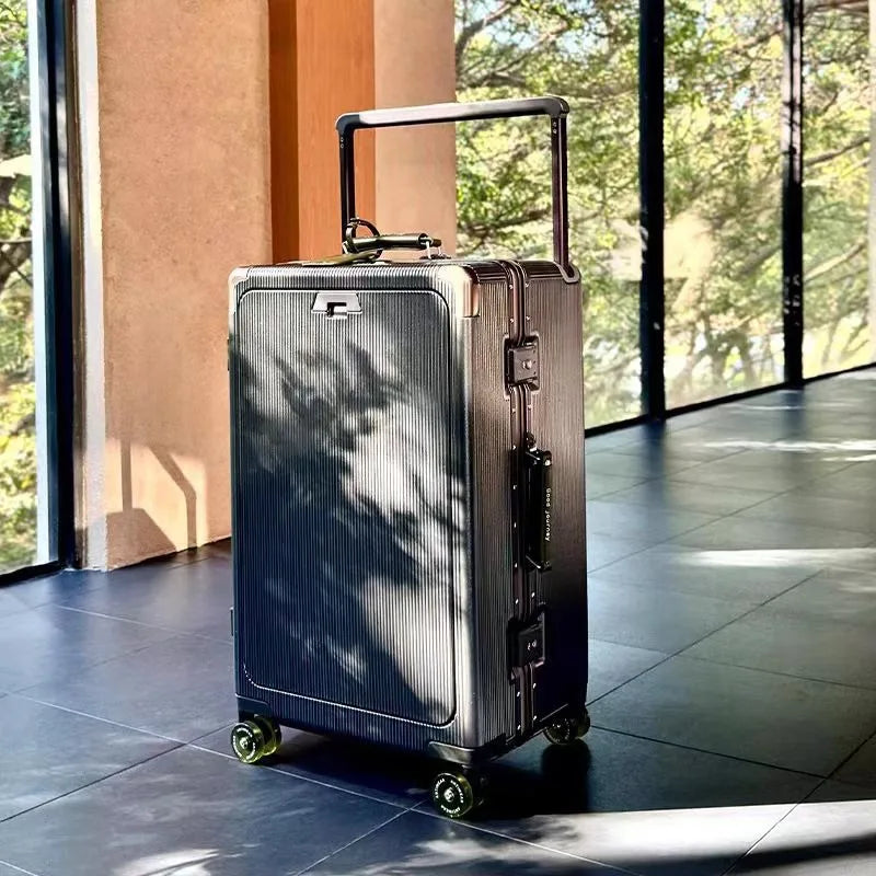 Front Opening Pocket Rolling Luggage Aluminum Frame Wide Handle Trolley Suitcase with Upgrade Silent Wheel USB Charging Plug TSA