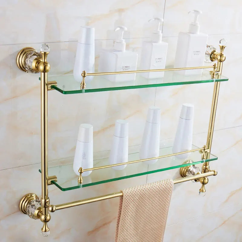 European-style Gold Glass shelf double bathroom cosmetic rack Bathroom Towel Rack Crystal hardware pendant GLY50