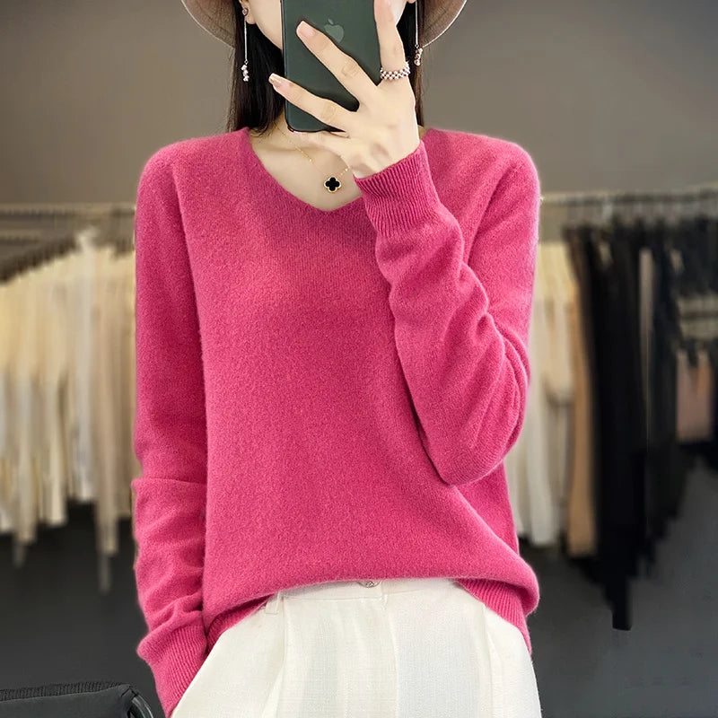 Sweater For Women 100% Merino Wool V Neck Sweater Fall Winter Basic Warm Pullovers Long Sleeve Soft Knit Jumpers Female Clothing