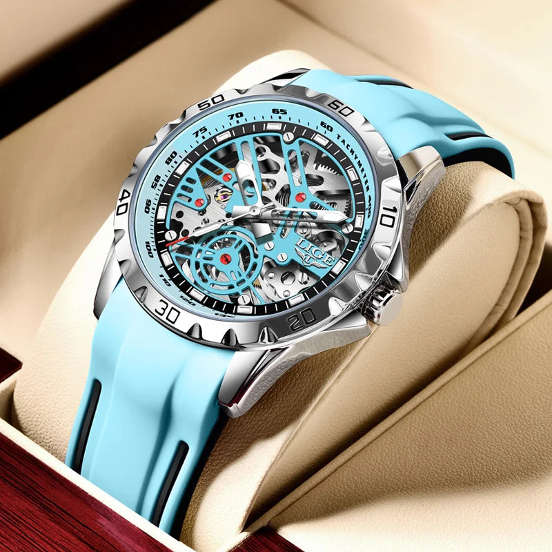 2025 New LIGE Top Brand Luxury Hollow Waterproof Tourbillon Mechanical Automatic Watch Men Silicone Skeleton Mens Watches + Box