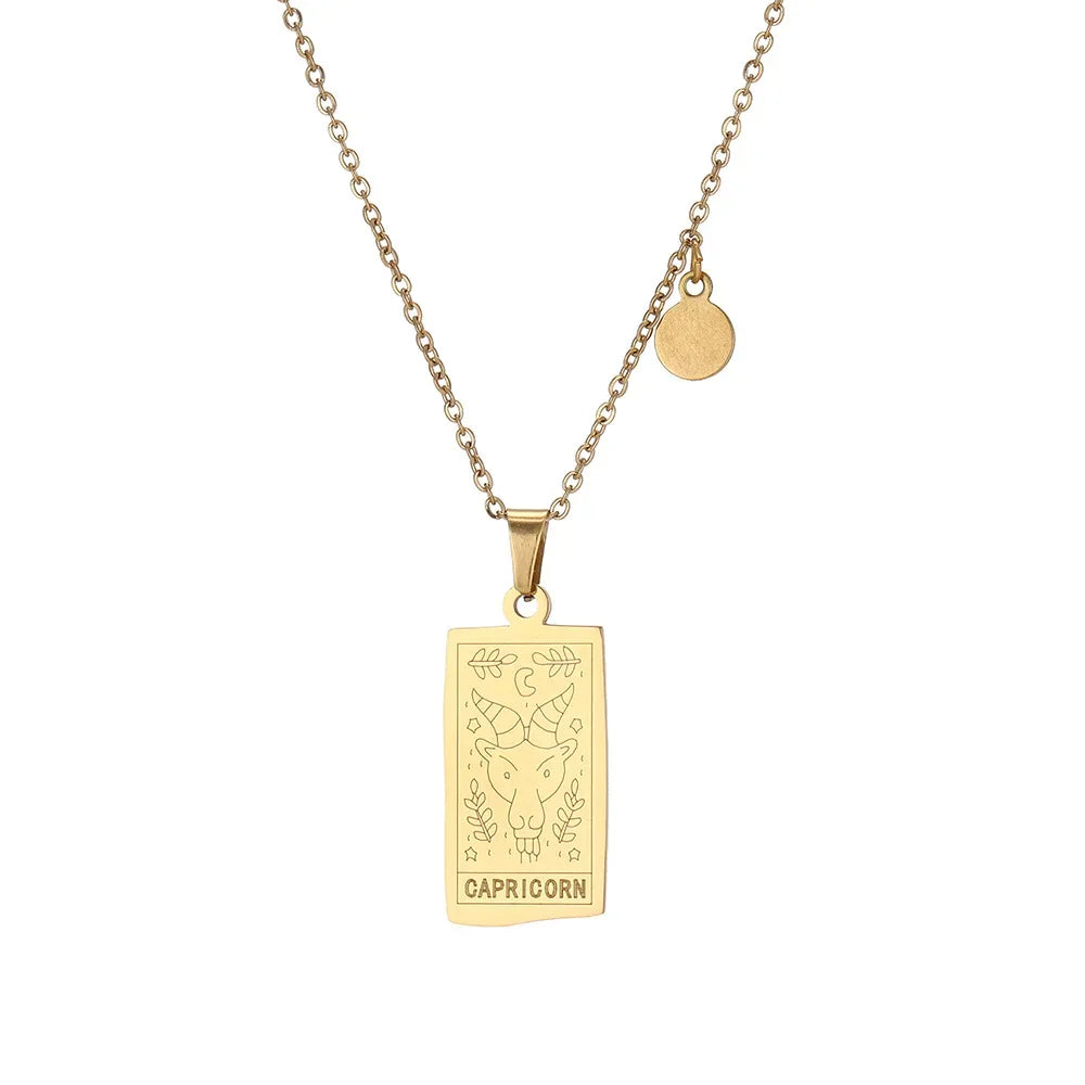 Stainless Steel Square Tarot Card Pendant Women Necklace Twelve Constellations Gold-Plated Clavicle Chain Horoscope Gifts