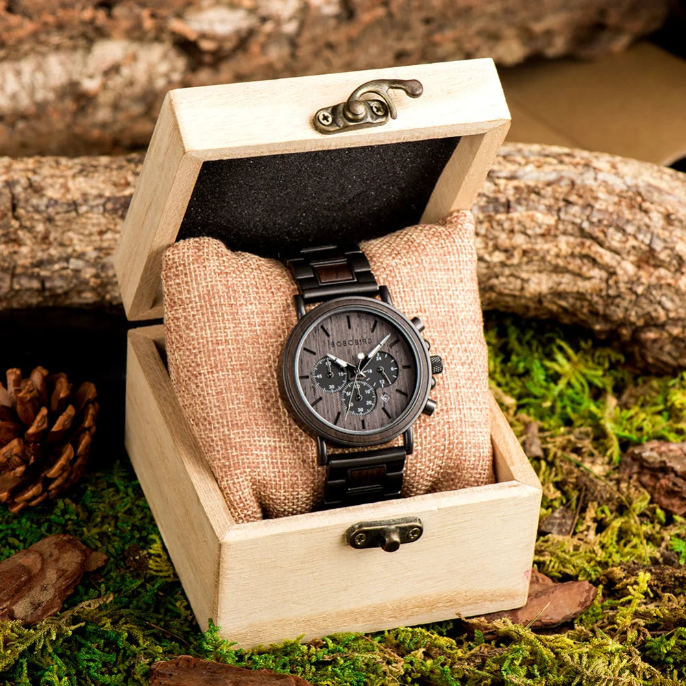 BOBO BIRD Wood Men Watch Relogio Masculino Top Brand Luxury Stylish Chronograph Military Watches Timepieces in Wooden Gift Box