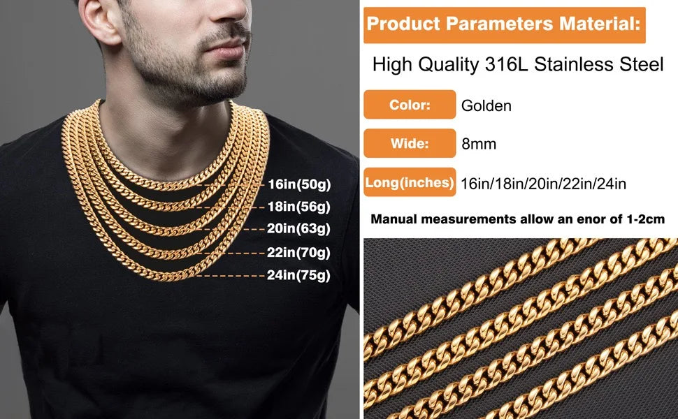 12/14mm Hip Hop Necklace 18K Gold Plated  316L Stainless Steel Cuban Link Chain Bracelet Jewelry For unisex Fashion Jewelry