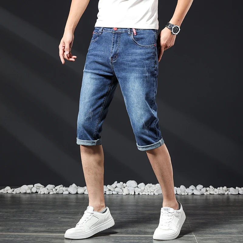 Mens Short Jeans Summer New Bermuda Casual Stretch Blue Knee Length Cropped Pants Slim Male Denim Shorts