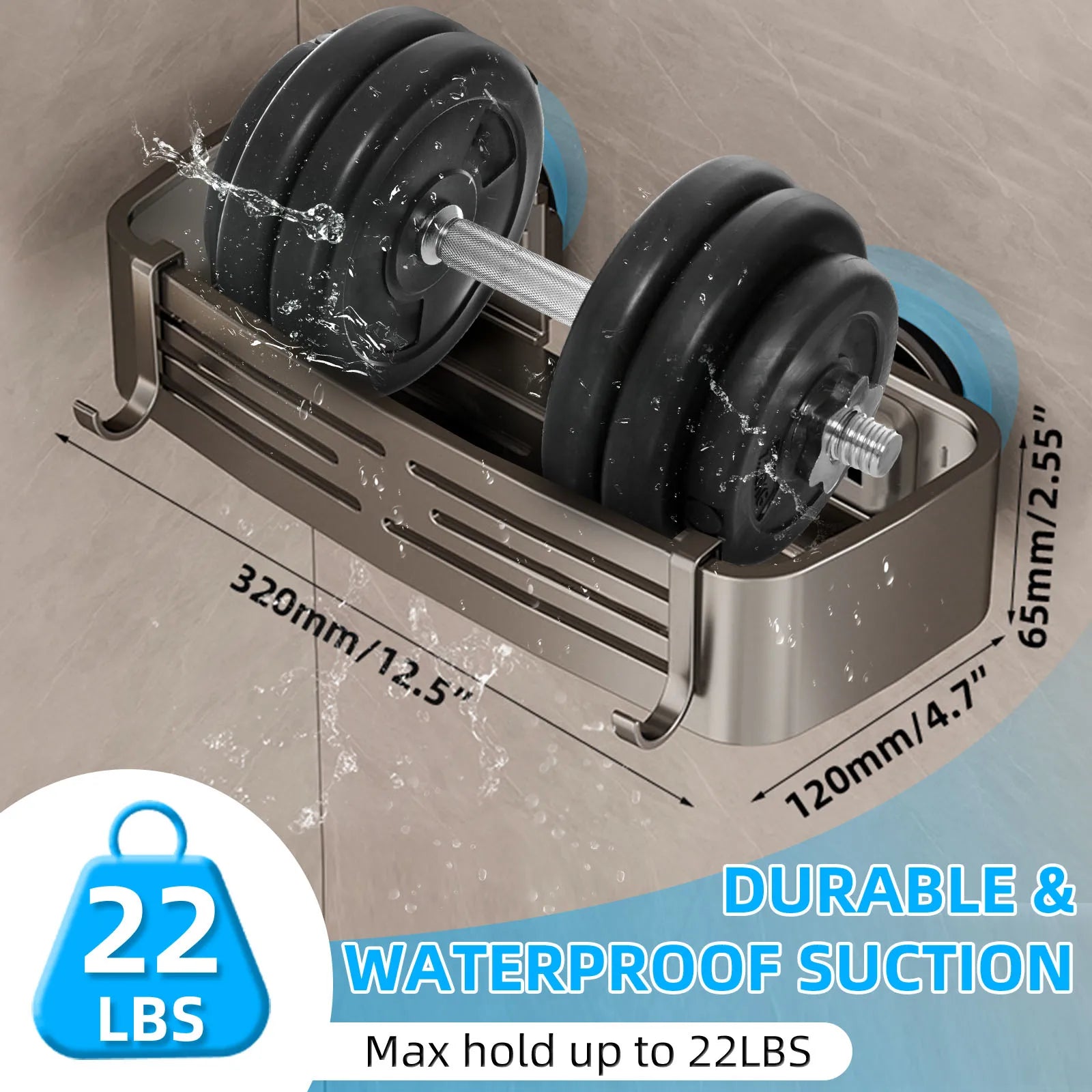 Viladepot Suction Cup Shelf Gray Bathroom Shelf Cargo Organizer With 4PCS Hooks 1PCS Towel Bar