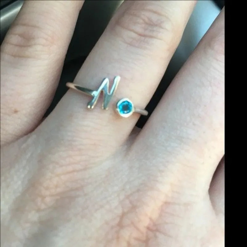 Custom Birthstone Ring Personalized Engraved Name Monthly Gemstone Accent Delicate Silver Plated Jewelry Unique Birth Month