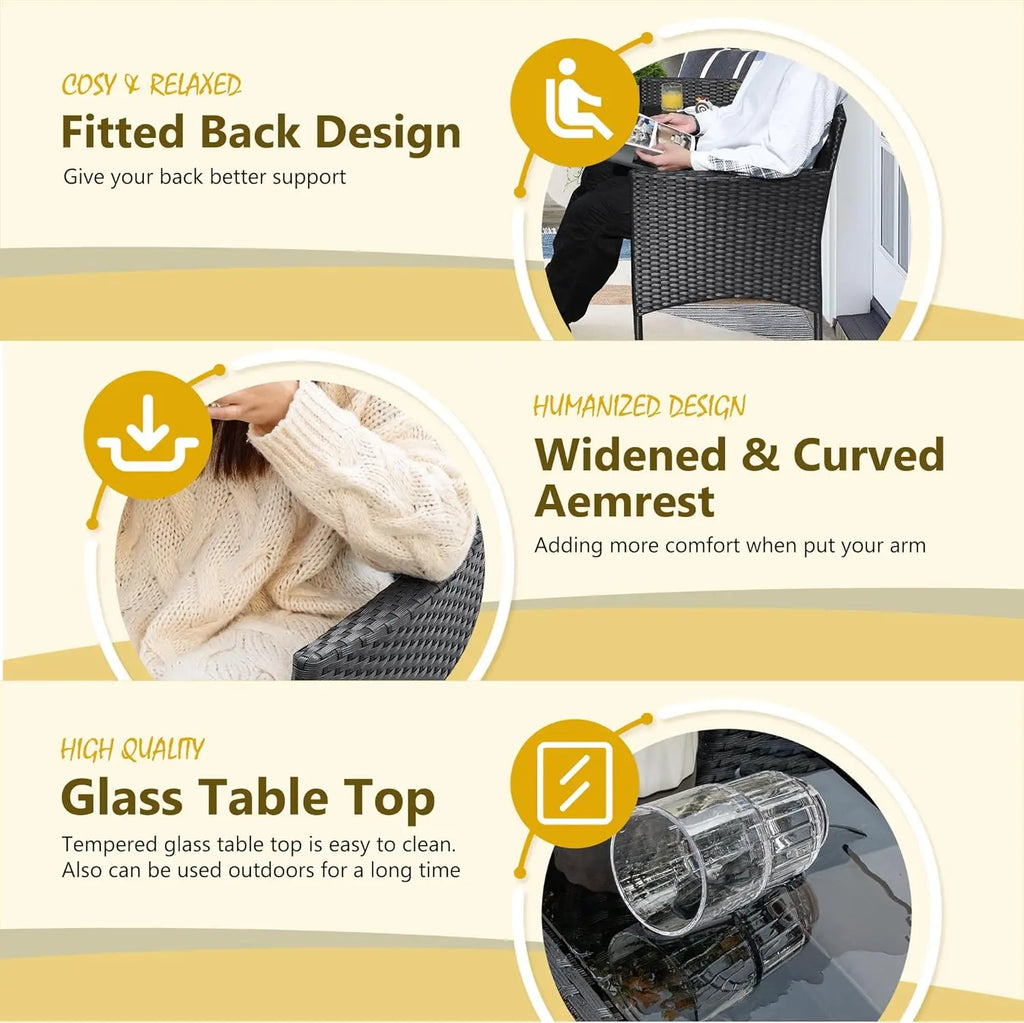 Outdoor Patio Loveseat Modern Rattan 2-Seat Patio Conversation Set with Cushions & Built-in Coffee Table Porch Furniture for Gar