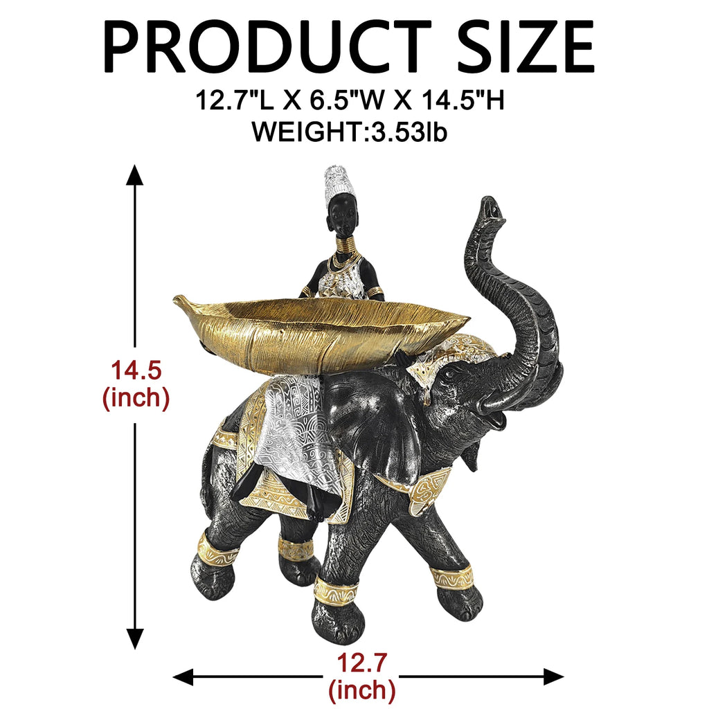 Elephant Statues Tray-14.5" Animal African Lady Tribal Sculpture Set,Silver Figure Figurines with Tribal Totem Design Home Decor