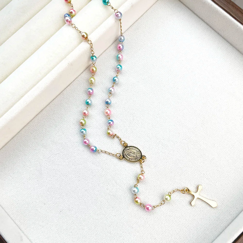 Y Shape Beads Chain Gold Color Stainless Steel Virgin Mary Cross Rosary Pendant Long Necklace Women Girls Jewelry Spiriti Pray