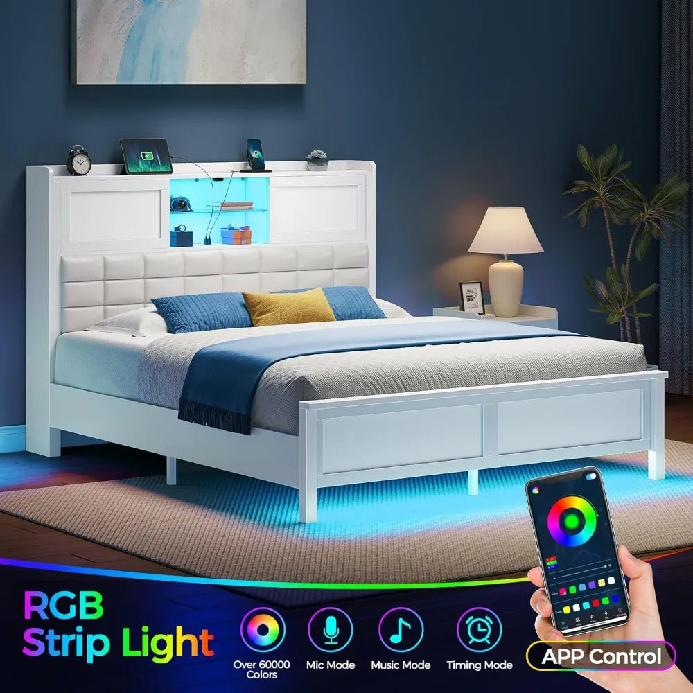 LED Twin Size Bed Frame with Charging Station, Platform Beds with Wooden Slats, No Box Spring Needed, Noise Free, Bed Frame