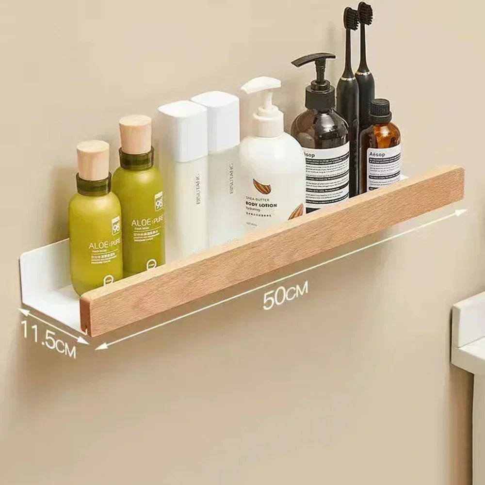 Bathroom Wood Shelf Holder Bath Shower Corner Rack Wall Mounted No Drill Shelves Organizer Kitchen Bathroom Storage Accessories