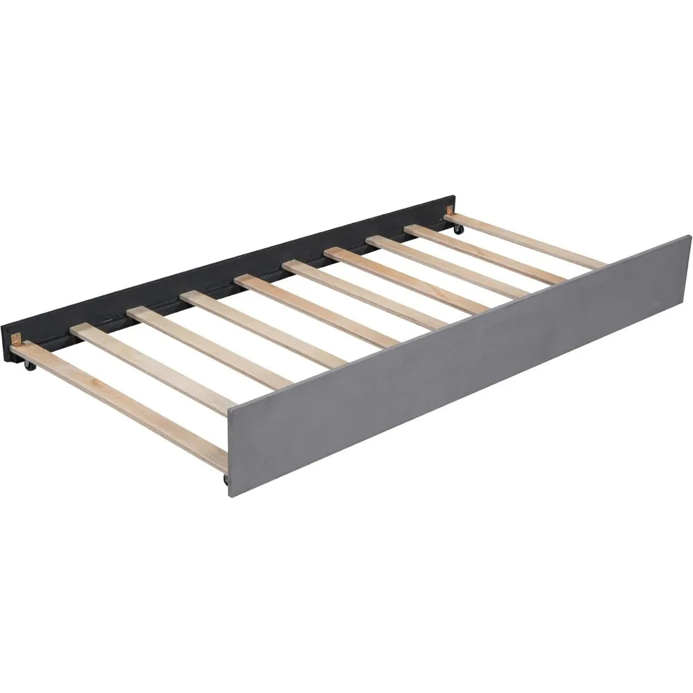 Twin Size Velvet Upholstered Daybed with Ergonomic Design Backrest and Trundle,Wood Platform Bed w/Stripe Shaped Headboard,for B