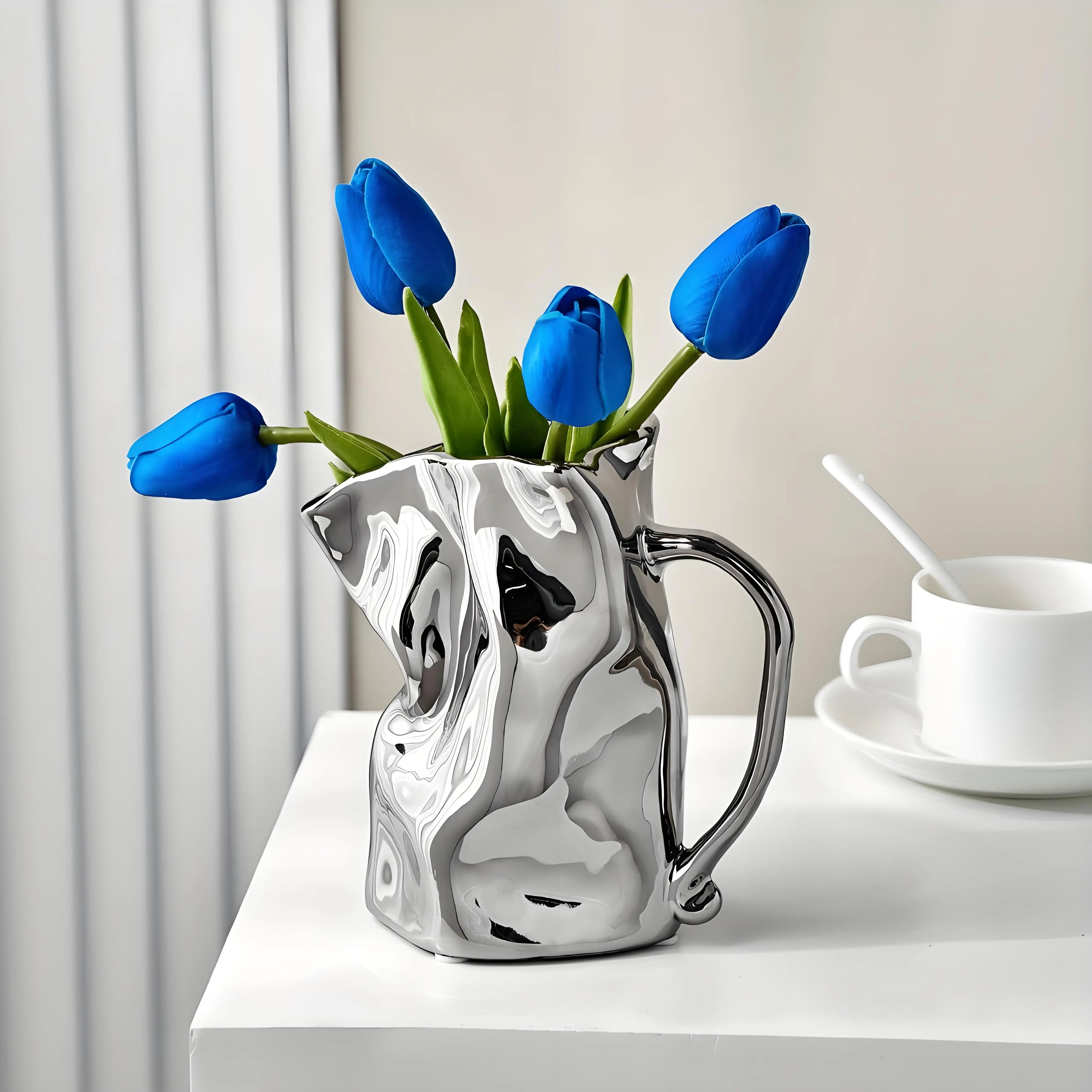 Crinkle Textured Ceramic Vase | Silver Finish Modern Elegance | Multi-Room Decor for Living Room Bathroom Desk