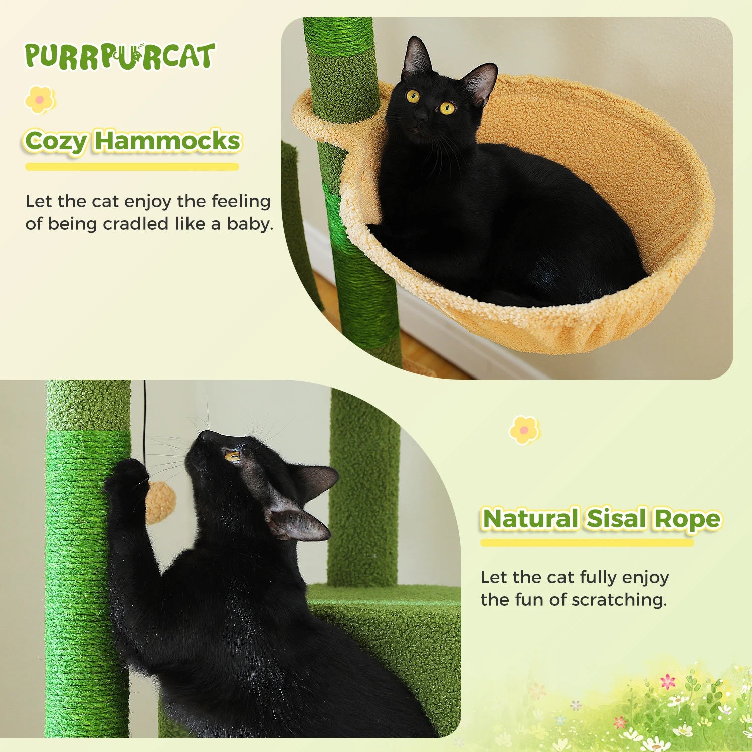 190cm Large Cat Tree 6-Level Cat Tower with 2 Big Perches,Cozy Hammocks,Natural Sisal Rope,2 Cat Condo,Pompoms for Indoor Cats