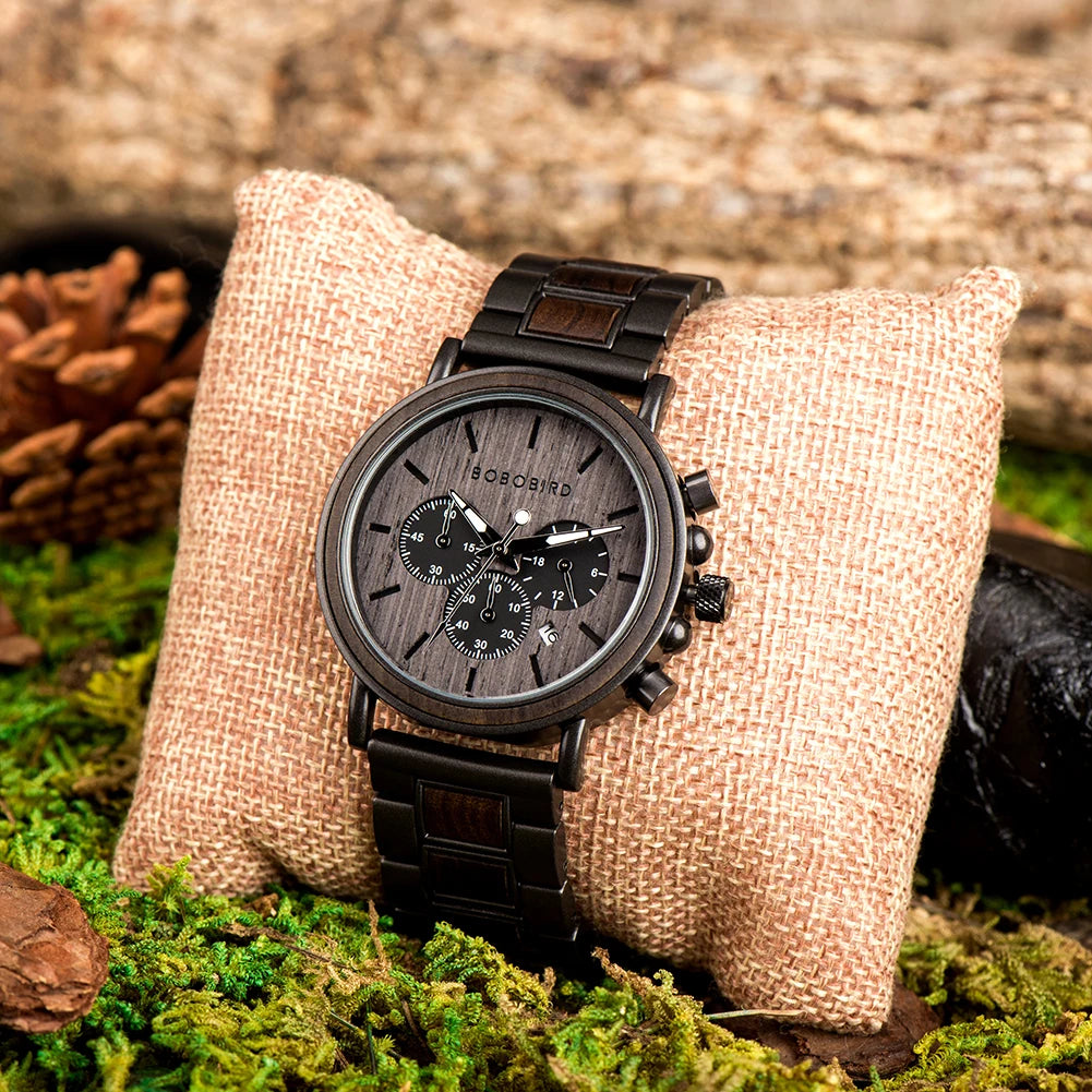 BOBO BIRD Wood Men Watch Relogio Masculino Top Brand Luxury Stylish Chronograph Military Watches Timepieces in Wooden Gift Box