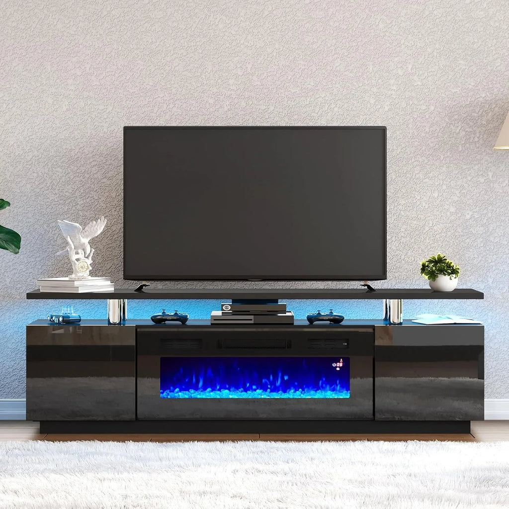 Fireplace TV stand with 36 inch fireplace, 70 inch modern high gloss fireplace, 2-story TV console cabinet, obsidian color