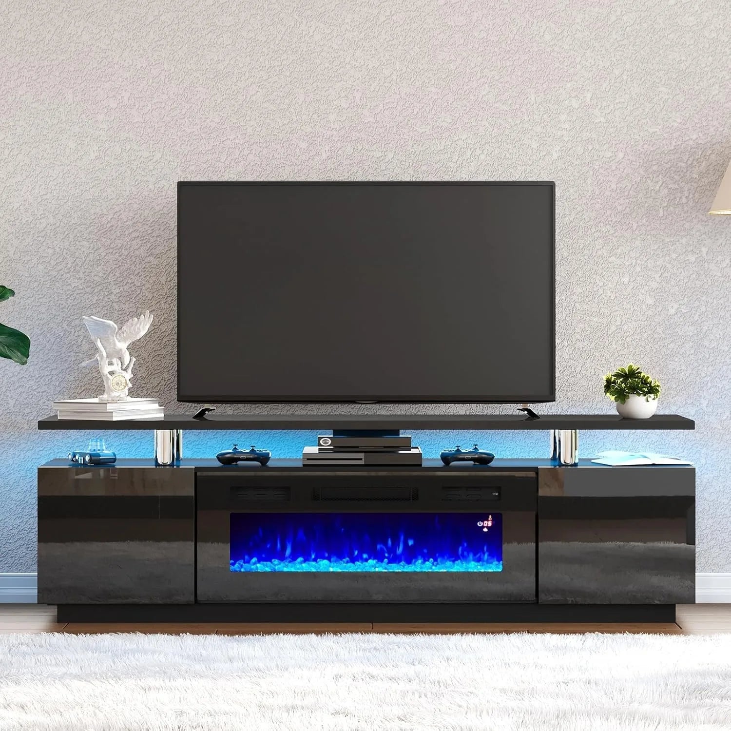 Fireplace TV stand with 36 inch fireplace, 70 inch modern high gloss fireplace, 2-story TV console cabinet, obsidian color