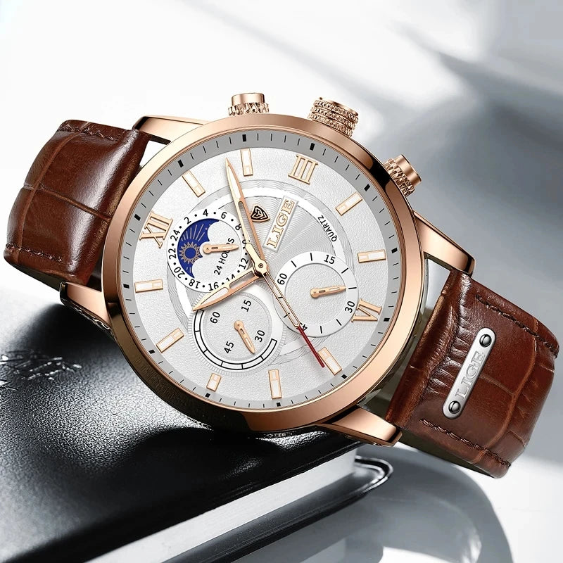 2025 New Mens Watches LIGE Top Brand Leather Chronograph Waterproof Sport Automatic Date Quartz Watch For Men Relogio Masculino