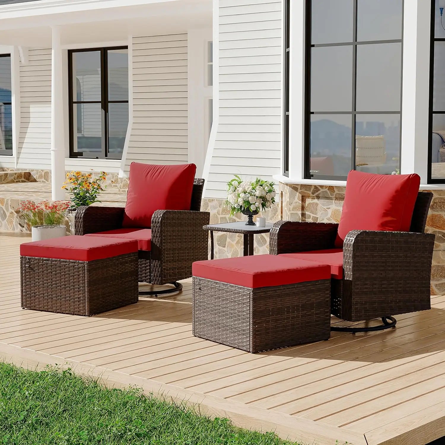 5 Piece Outdoor Patio Furniture Set-360 Wicker Swivel Chairs Set of 2 w/ 2 Ottoman, Coffee Table & Cushions Patio Bistro Set for