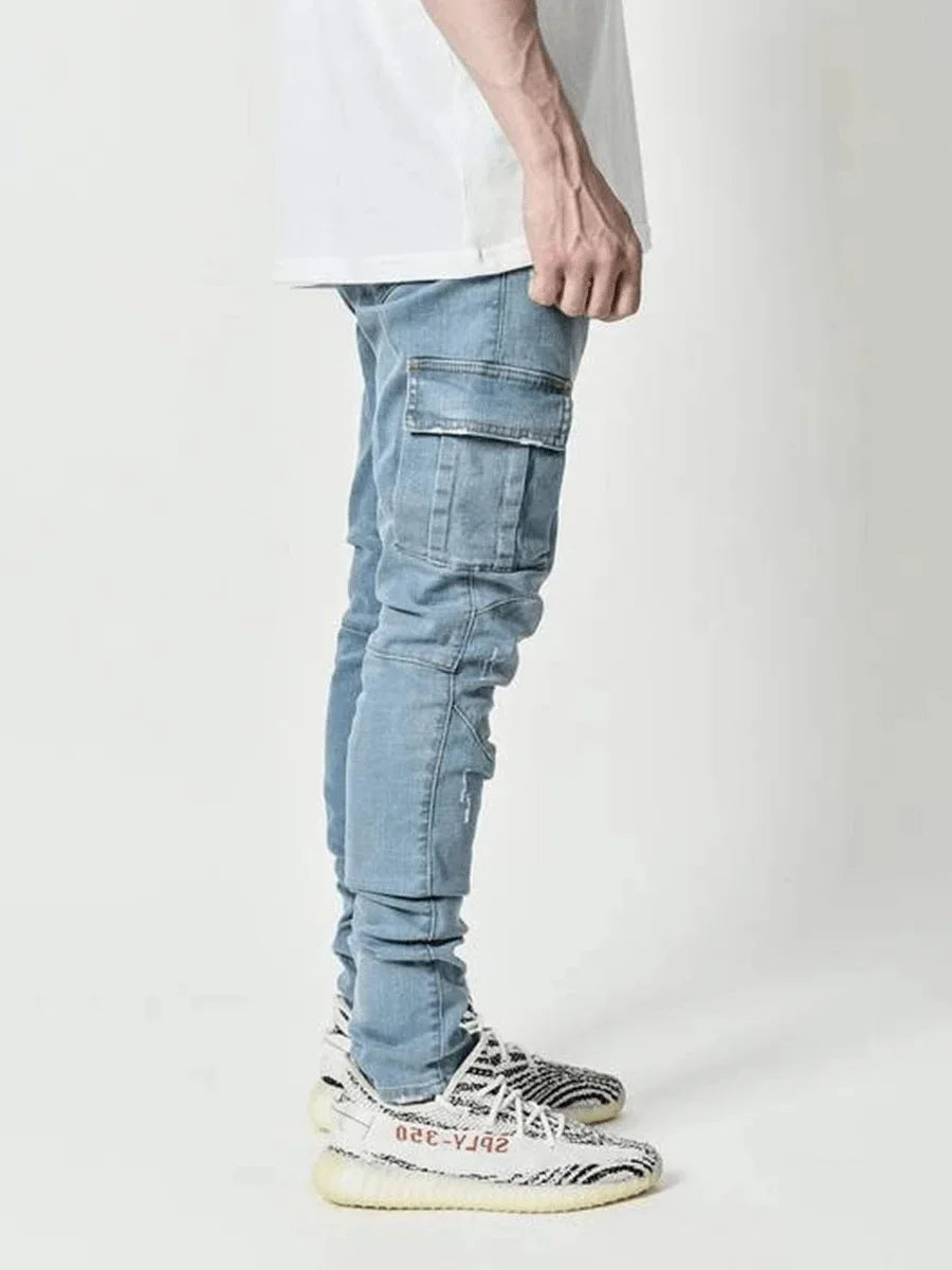 Mens Stretch Jeans Black Big Side Pockets Cargo Jeans Fashion Zipper Small Foot Denim Pants Elastic Jogging Trousers Streetwear