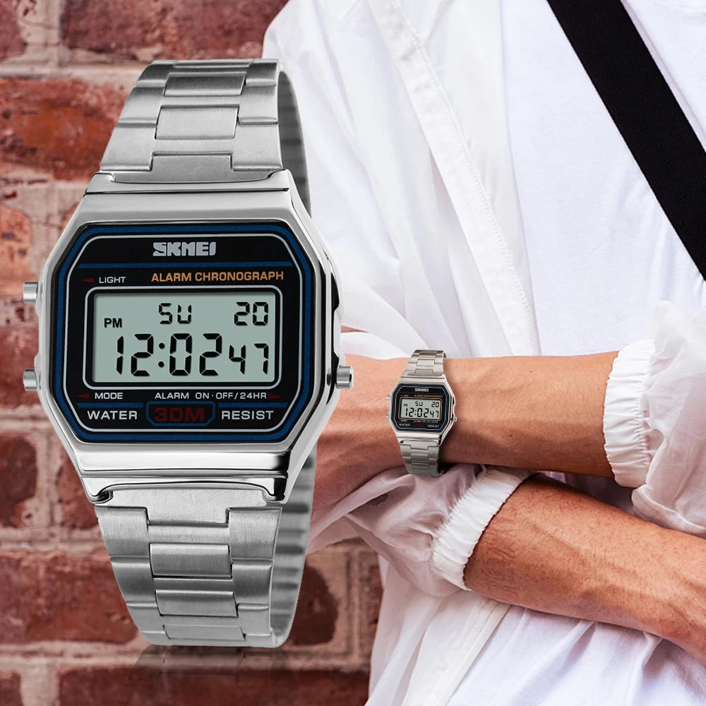 SKMEI Digital Watch for Men Watch Luxury Stainless Steel Electron Waterproof Mens Wristwatches Clock 3Bar Waterproof Reloj Hombr