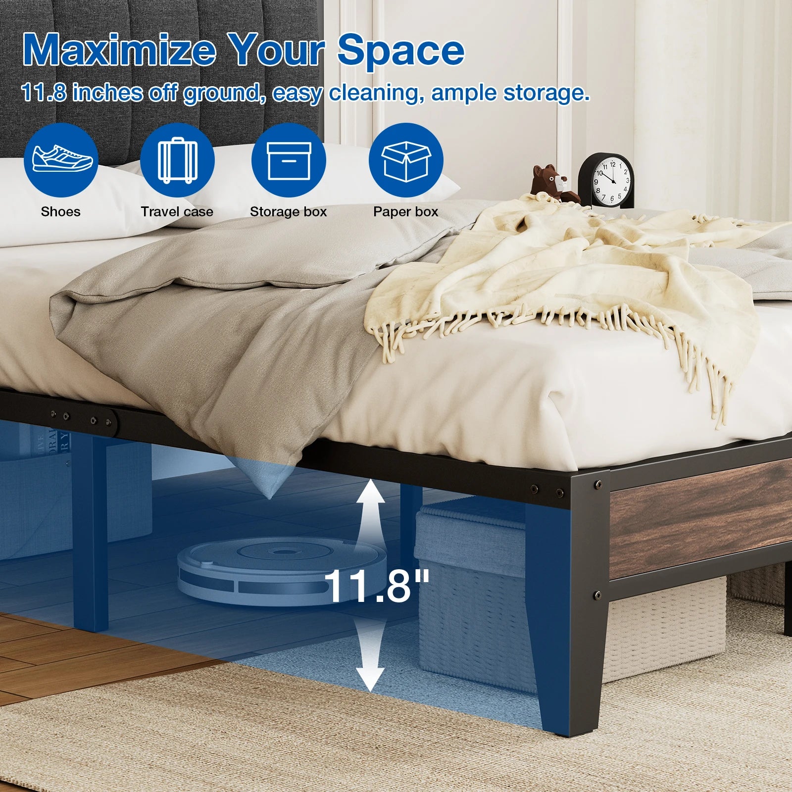 Twin/Full Bed Frame, Headboard Upholstered Bed Frame Platform, All Metal Slats Support Platform Bed Frame with Storage Space