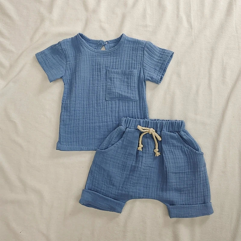 Baby Girls Boys Outfit Suit Cotton Linen Children Clothes Set Toddler Solid Casual T-shirt Kids Tops Summer Shorts Pants