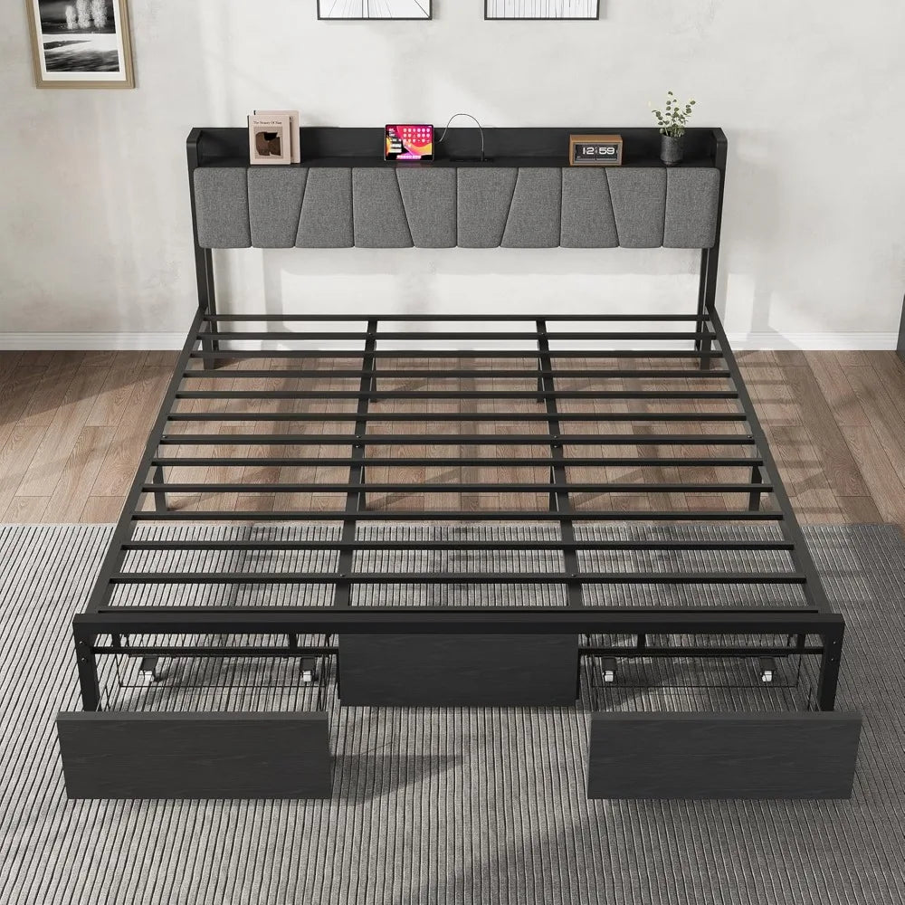 King Size Bed Frame with Storage Headboard, No Box Spring Needed, King Platform Bed with 2 Large Drawers and Charging Station