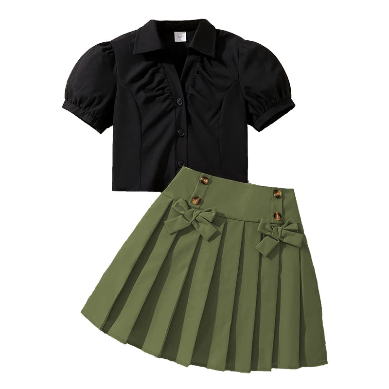Kids Clothing Sets For Girls 8-12 Years Adorable V-neck Puff-sleeve T-shirt & Bow-knot Pleated Skirt 2 Pieces Set Summer Outfit