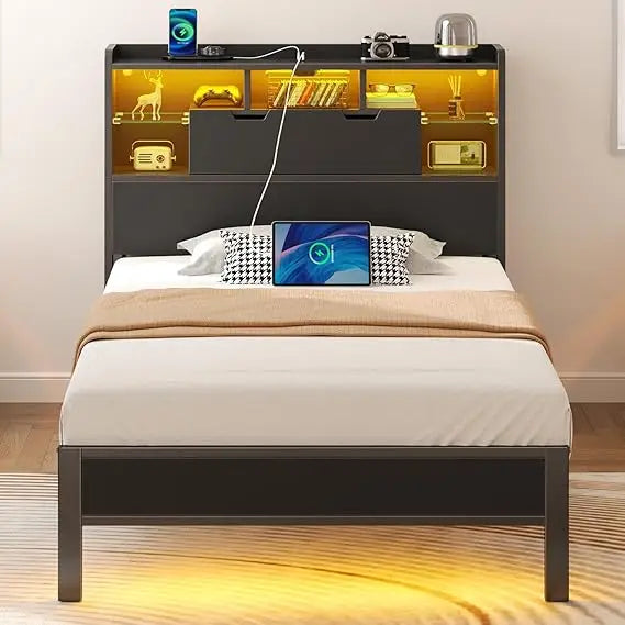 rolanstar twin bed frame with headboard, led bed with bookcase storage and charging station, metal platform bed with glass shelv