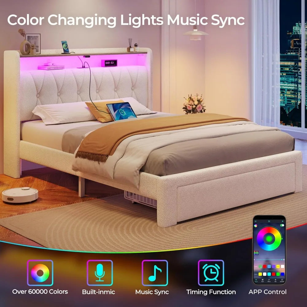 Twin Bed Frame with Drawer, Storage Headboard with Charging Station and LED Lights, Upholstered Bed