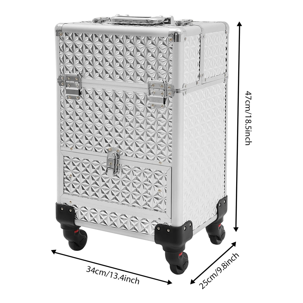Makeup Rolling Train Case, Cosmetic Travel Trolley Storage Sliding Drawer Hairstylist Organizer Box Salon Barber Case Silver