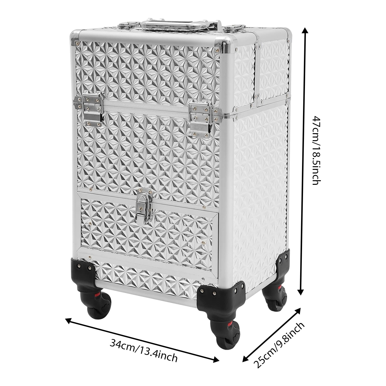 Makeup Rolling Train Case, Cosmetic Travel Trolley Storage Sliding Drawer Hairstylist Organizer Box Salon Barber Case Silver