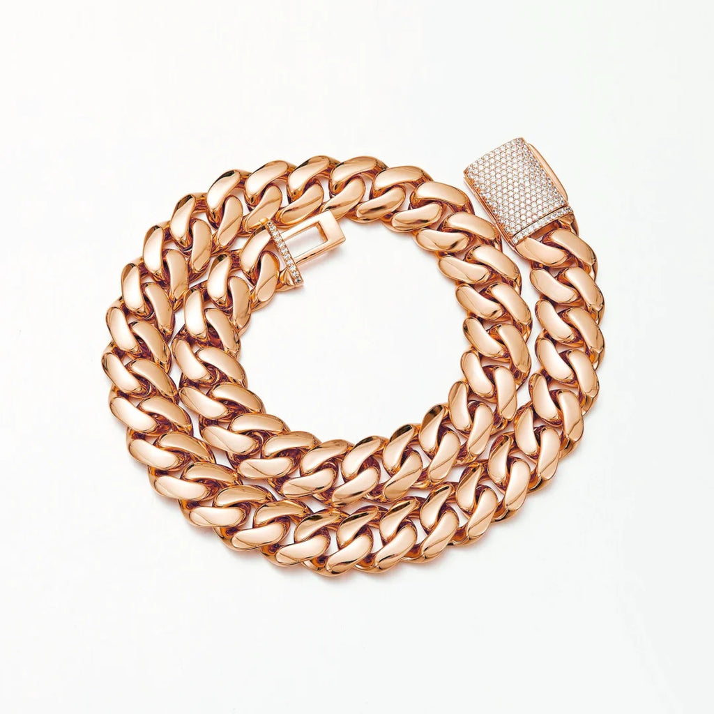 8-22mm Rose Gold  316L Stainless Steel  Cuban Miami Link Chain Iced Out CZ Box Clasp Necklace Fashion Hip Hop Unisex Jewelry