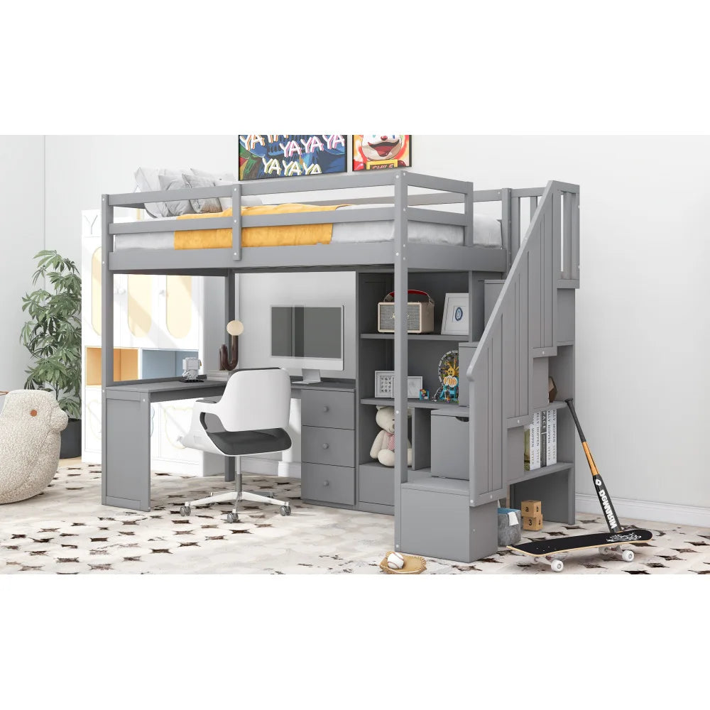 Twin Size Loft Bed with L-Shaped Desk and Drawers, Cabinet and Storage Staircase, Gray