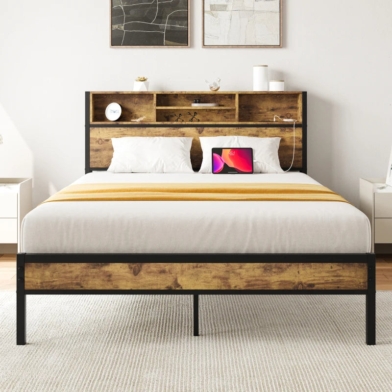 Full Size Frame Storage Headboard Metal Platform Bed With Charging Station Bookcase Storage No Box Spring Needed Easy Assembly