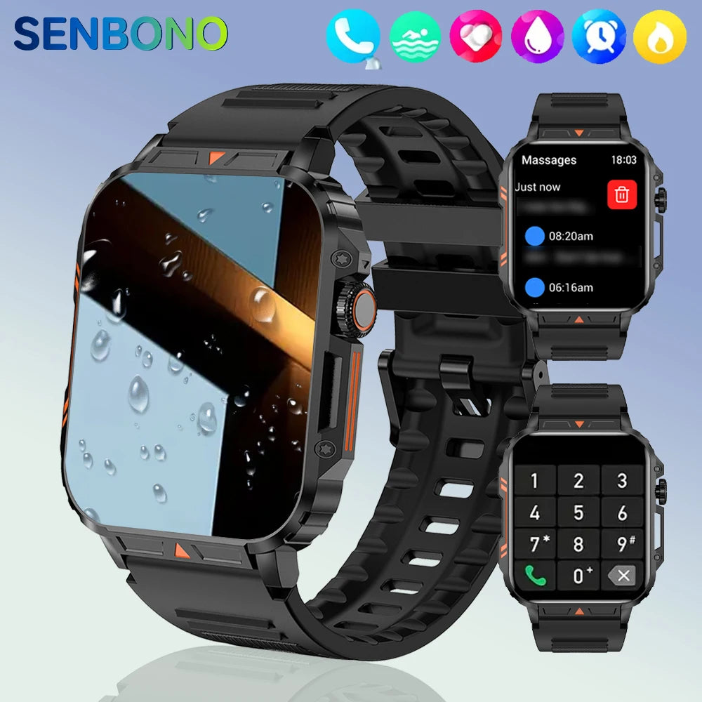 SENBONO New  Men Smart Watch 1.95inch HD Screen Bluetooth Call 24/7 Heart Rate Monitor IP68 100+ Sport Modes Smartwatch for Men