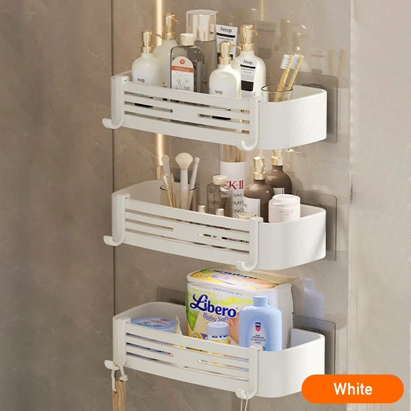 White Self-Adhesive Bathroom Shelf Storage Organizer Towel Holder Hook Wall Mounted Aluminium Corner Bathroom Shelves No Drill