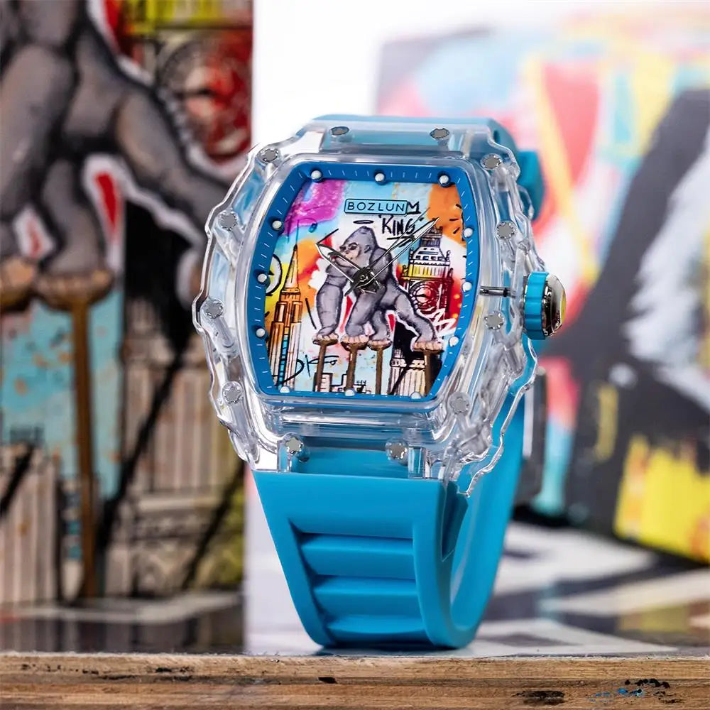 Men Mechanical Watch Transparent Case Silicone strap Luminous Calendar Wrist Watches Leisure Sports Style watches for Men