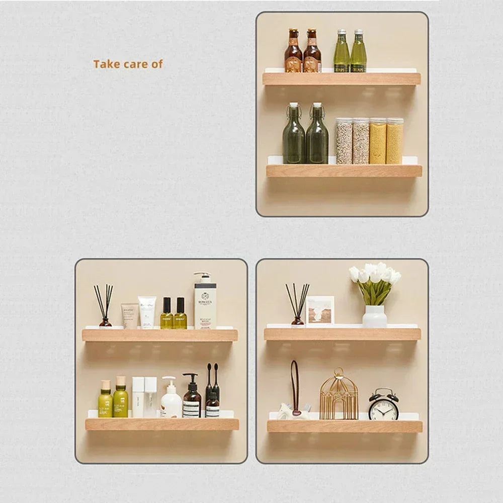 Bathroom Wood Shelf Holder Bath Shower Corner Rack Wall Mounted No Drill Shelves Organizer Kitchen Bathroom Storage Accessories