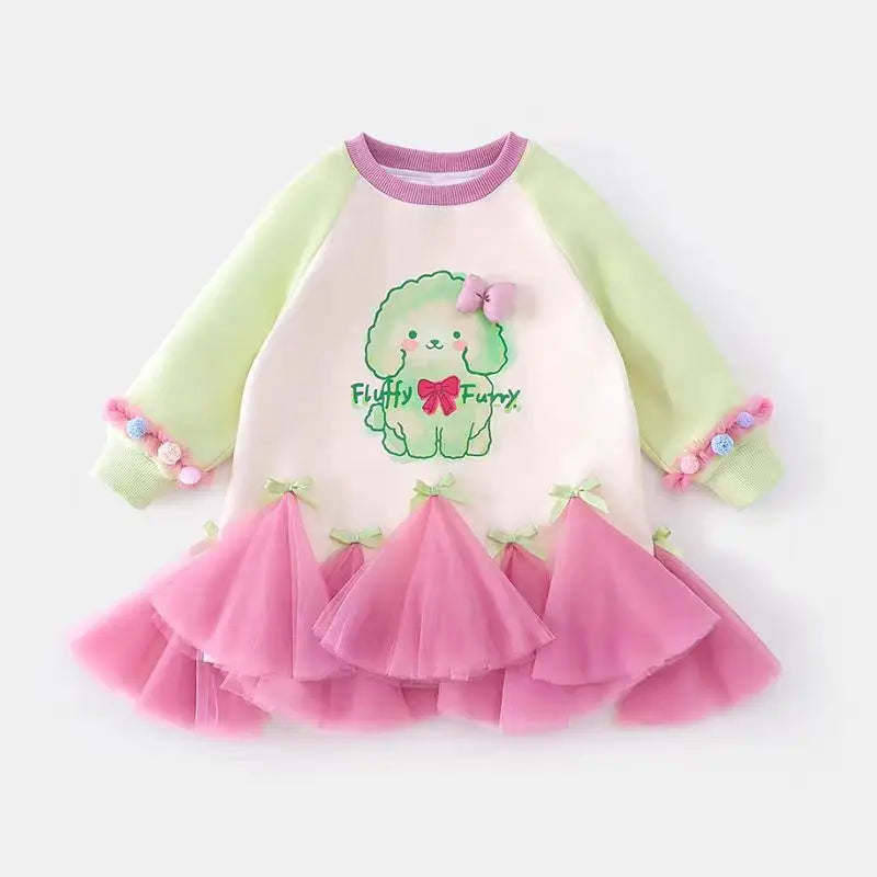 Girl's Fall/Winter Sweatshirt Long Sleeve Princess Elsa Snow White Cartoon Print Tulle Skirt Casual Hoodie Dress 2-12 Years Old