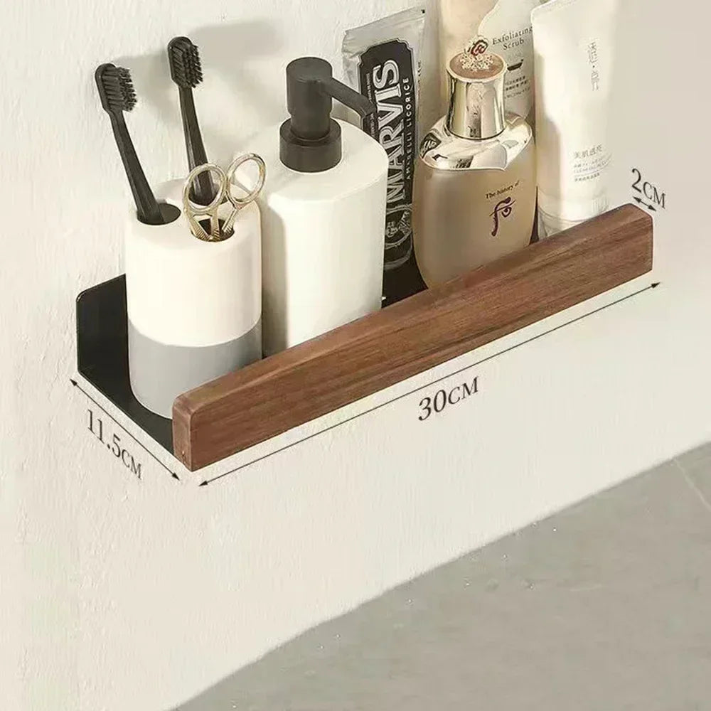 Bathroom Wood Shelf Holder Bath Shower Corner Rack Wall Mounted No Drill Shelves Organizer Kitchen Bathroom Storage Accessories