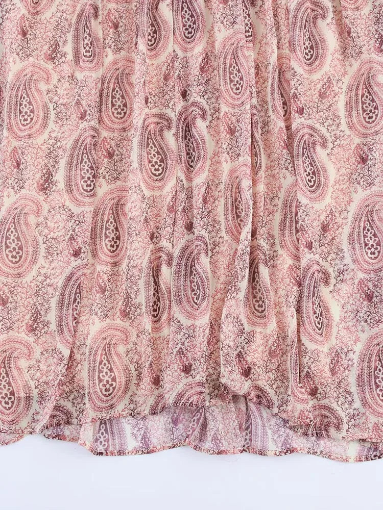 2025 Women Summer MIDI Dress Vintage Print Chiffon V-Neck Cascading Ruffle Long Sleeve Female Elegant Street Dresses Clothing